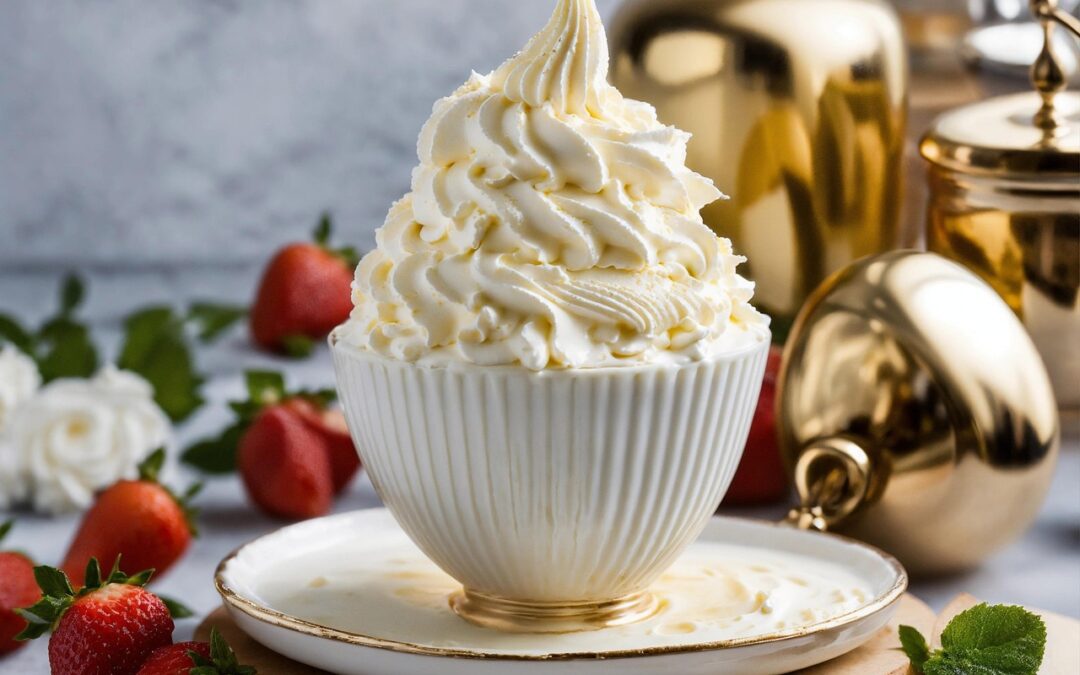Image of fancy whipped cream on dessert with fresh strawberries alongside (AI Generated)